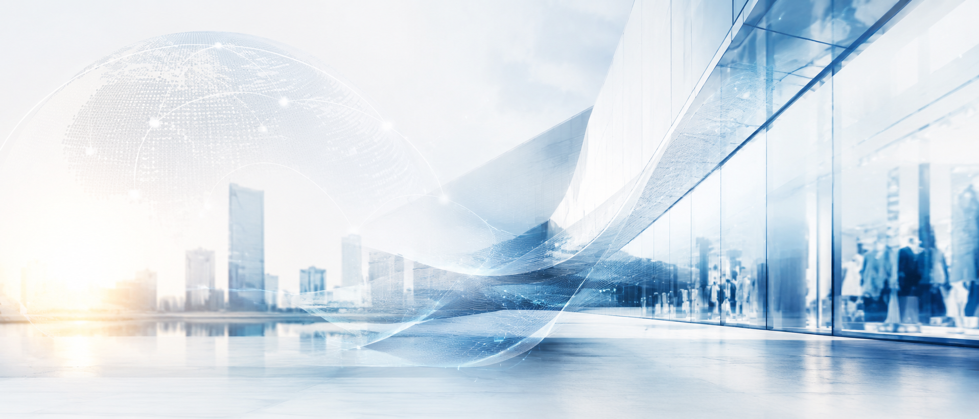 Futuristische Glasarchitektur mit digitalen Netzwerklinien als Symbol für die internationale Vernetzung und die digitale Prozesse von CPA SoftwareConsult