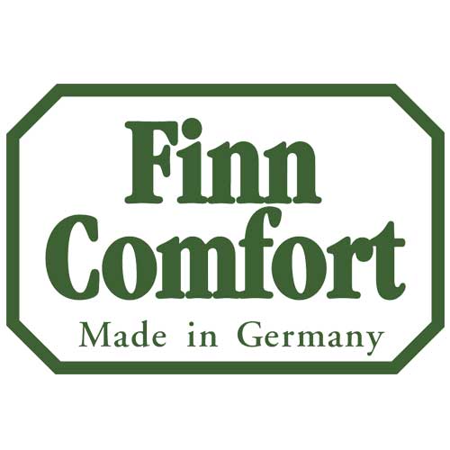 Finn Comfort Logo mit grünem Schriftzug „Made in Germany“ in grünem Rahmen.