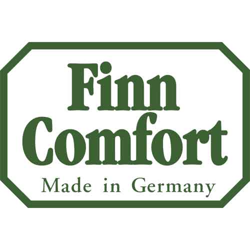 Finn Comfort Logo mit grünem Schriftzug „Made in Germany“ in grünem Rahmen.