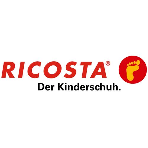 RICOSTA Logo mit dem Schriftzug „Der Kinderschuh“ und rotem Kreis mit gelbem Fußsymbol.