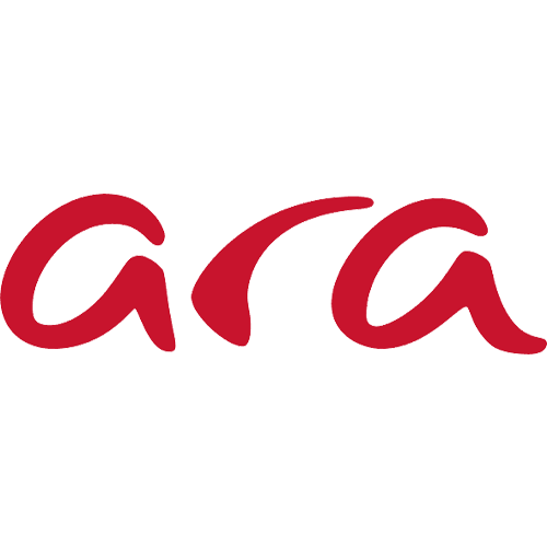 Ara Logo in roter, geschwungener Schrift auf hellem Hintergrund.